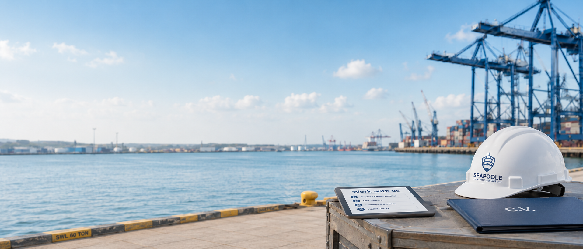 Seapoole hard hat and CV on a port dock overlooking the harbour