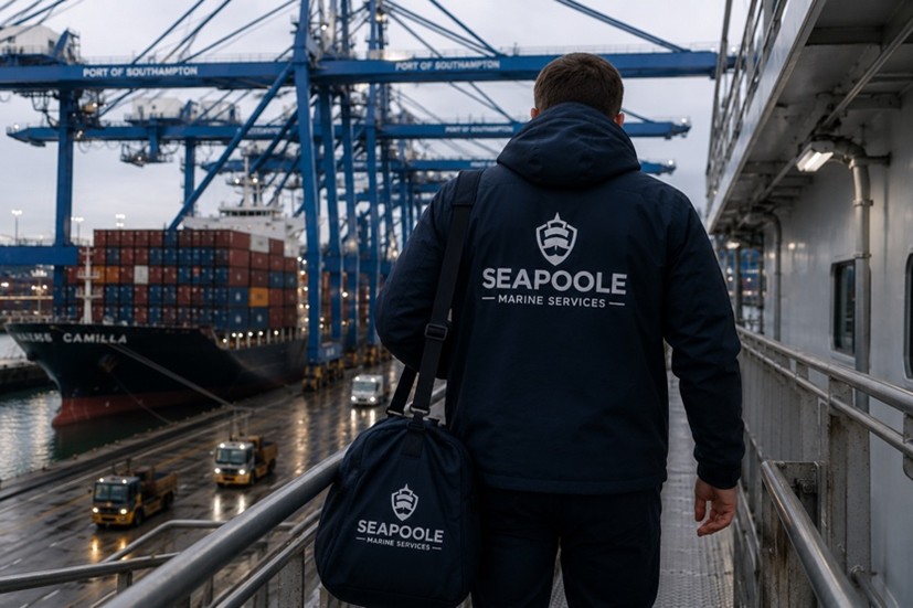 Crew members boarding a vessel during crew change operations