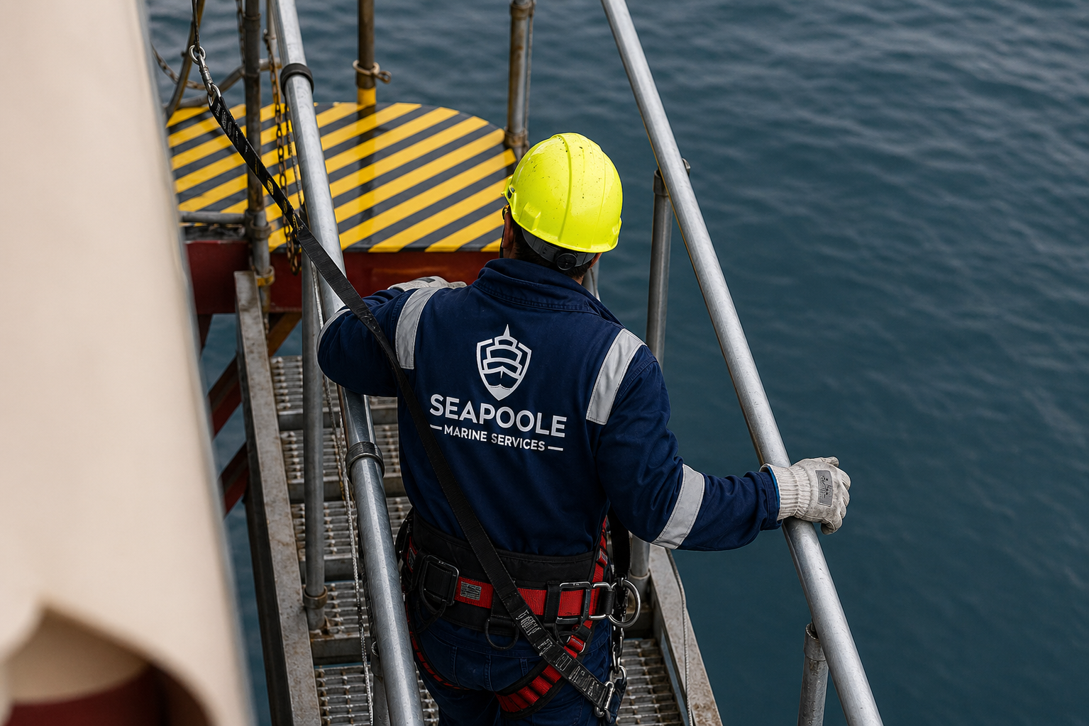 Seapoole crew member in safety gear boarding a vessel