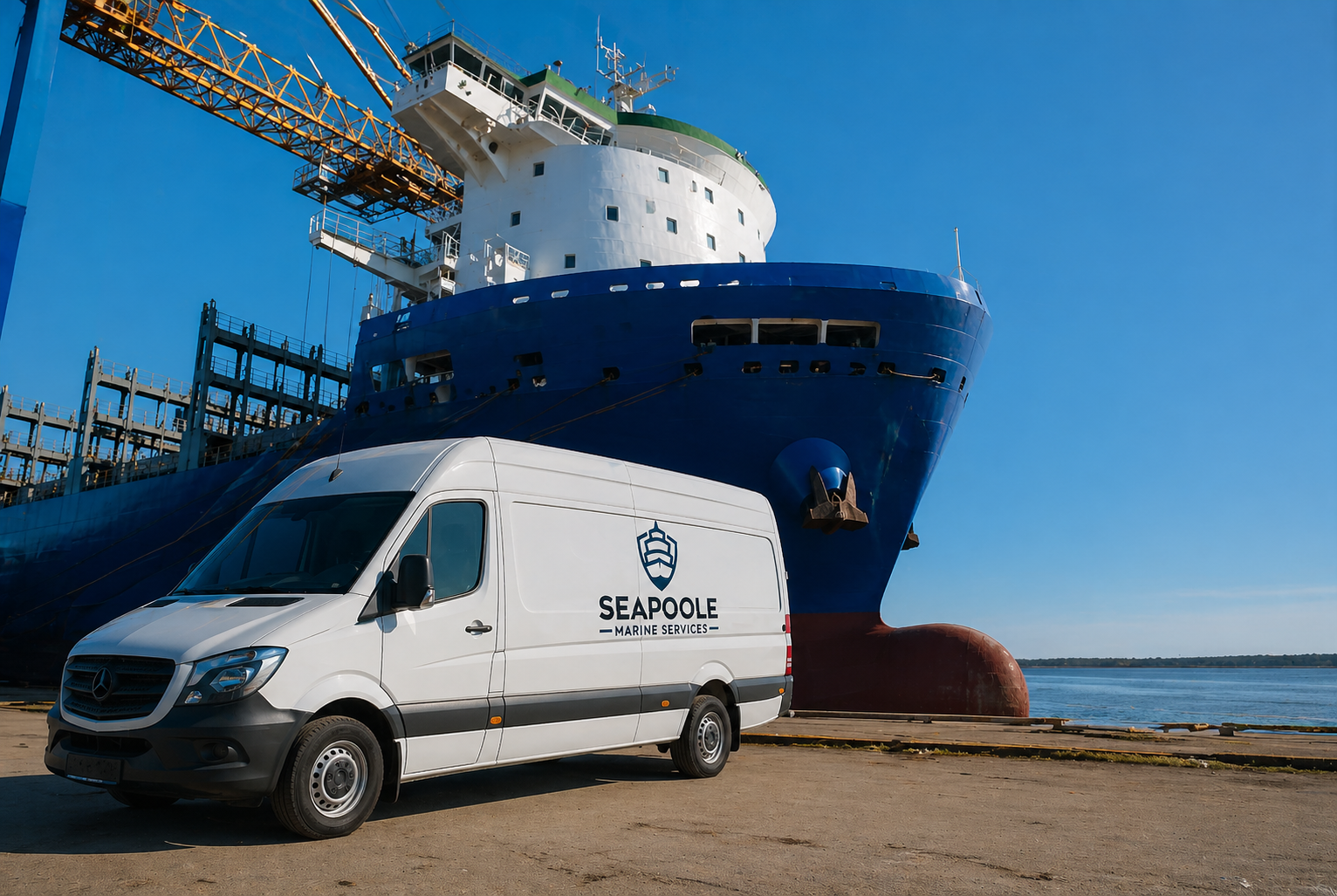 Seapoole service vehicle beside vessel in port