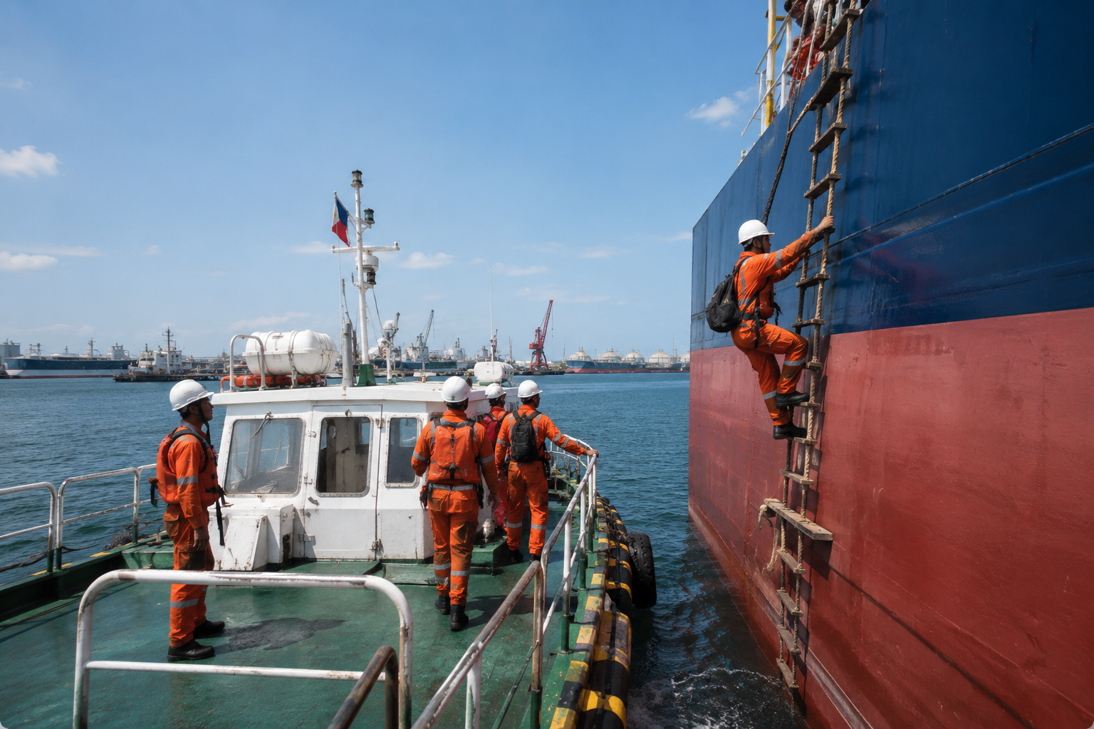 Seapoole crew boarding a vessel via pilot ladder at port