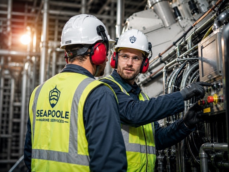 Seapoole technicians inspecting vessel engine room equipment